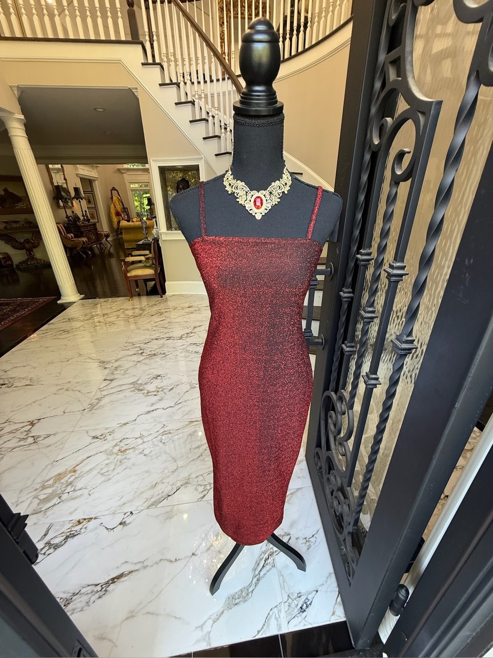 Jaw-dropping Elegant Metallic Red Bodycon Midi Dress Sz S!